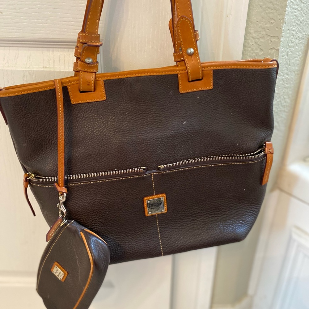 Dark Brown Leather Tote with Tan Trim and Pouch